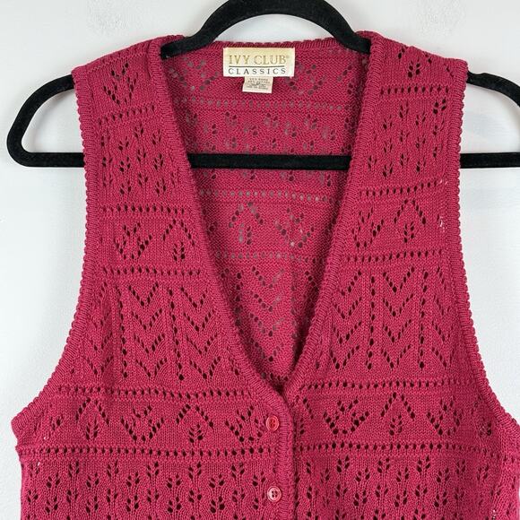 Vintage Ivy Club Womens Sweater Vest Sz M Pink Button Front Crochet Cottagecore - Picture 2 of 7